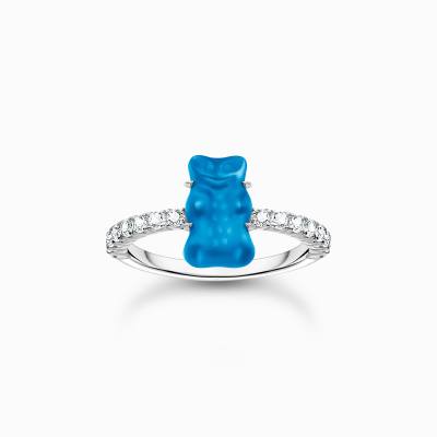 Ring mit blauem Mini-Goldbären und Steinen Silber 54mm