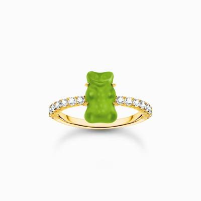 Ring mit grünem Mini-Goldbären und Steinen vergoldet 54mm
